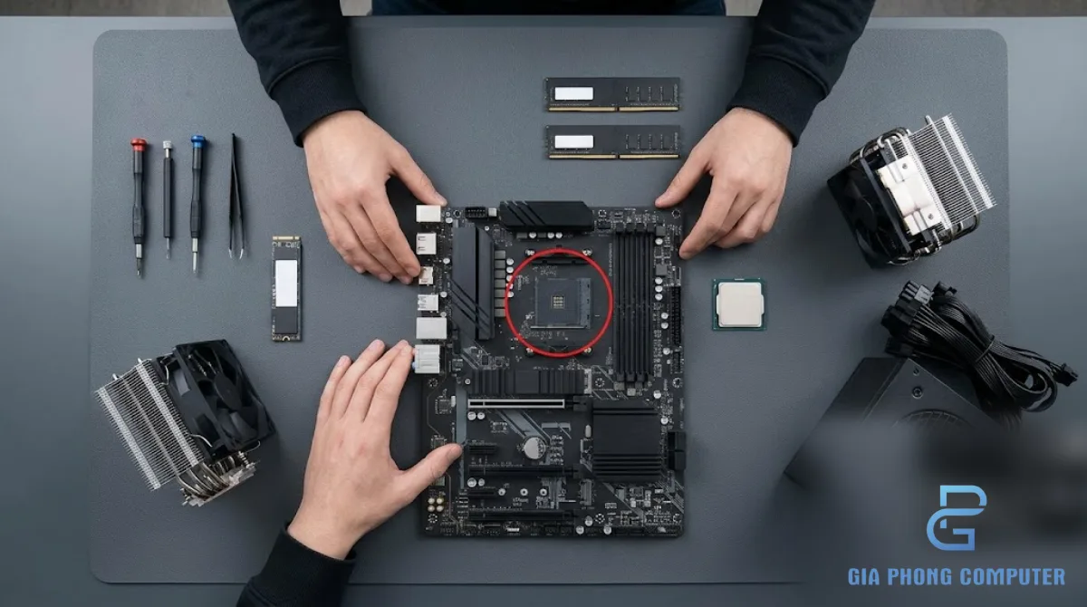 Hướng dẫn cách lắp ráp máy tính với bo mạch chủ, CPU, RAM, SSD và bộ nguồn trên bàn kỹ thuật