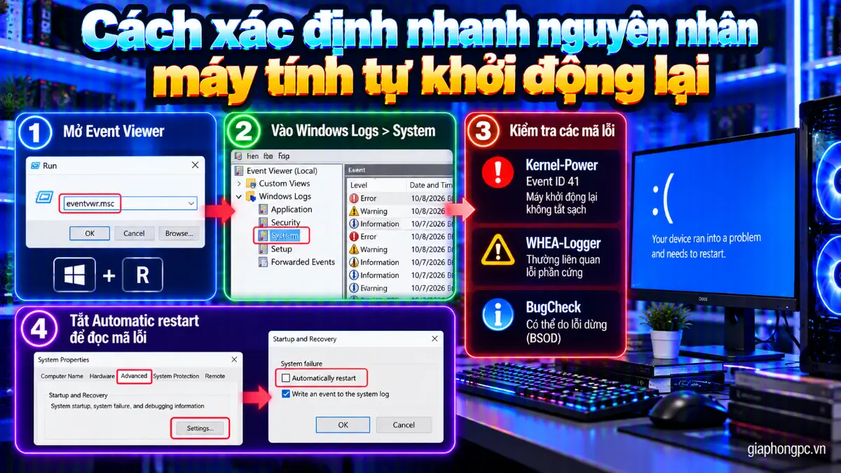 Cách xác định nhanh nguyên nhân máy tính tự khởi động lại