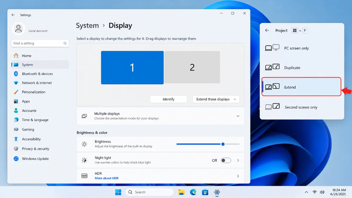 Giao diện Windows 11 với bảng Project hiển thị các chế độ PC screen only, Duplicate, Extend và Second screen only