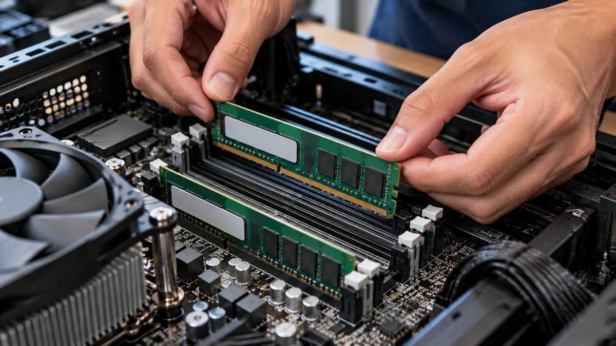 Kỹ thuật viên lắp thanh RAM vào khe DIMM trên mainboard để kiểm tra cấu hình Dual Channel