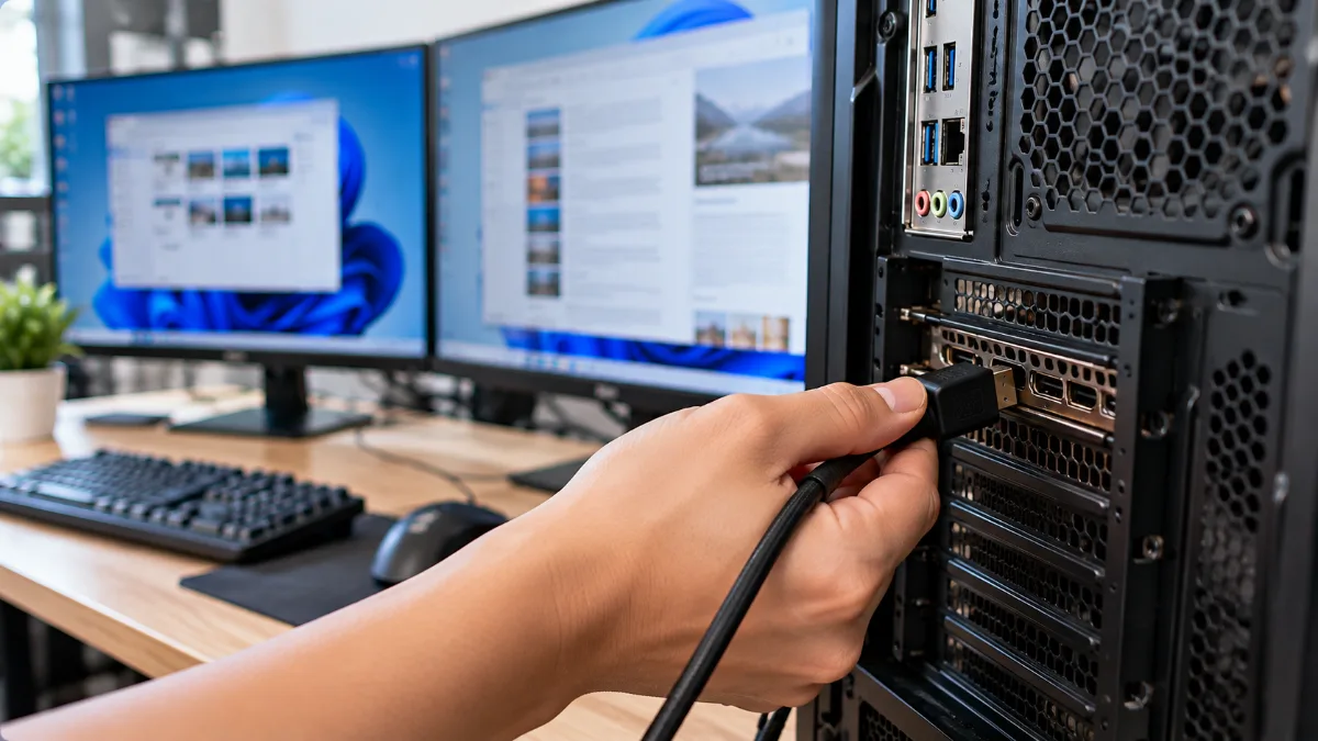 Bàn tay cắm cáp xuất hình vào card đồ họa PC với hai màn hình máy tính đặt cạnh nhau