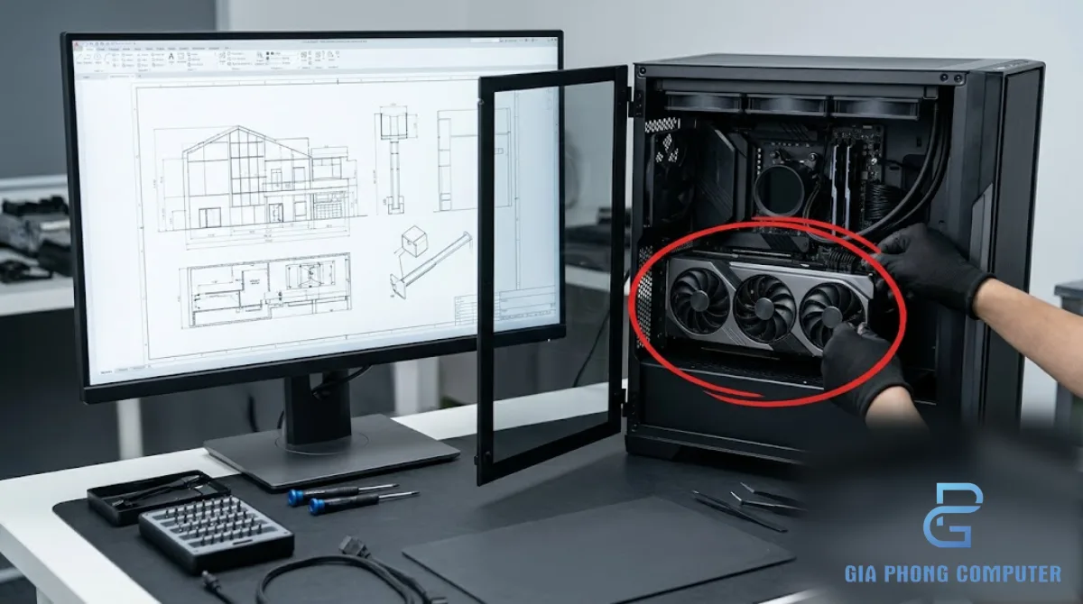 Bộ máy tính để bàn chuyên dụng cho thiết kế CAD với màn hình bản vẽ kỹ thuật và linh kiện PC