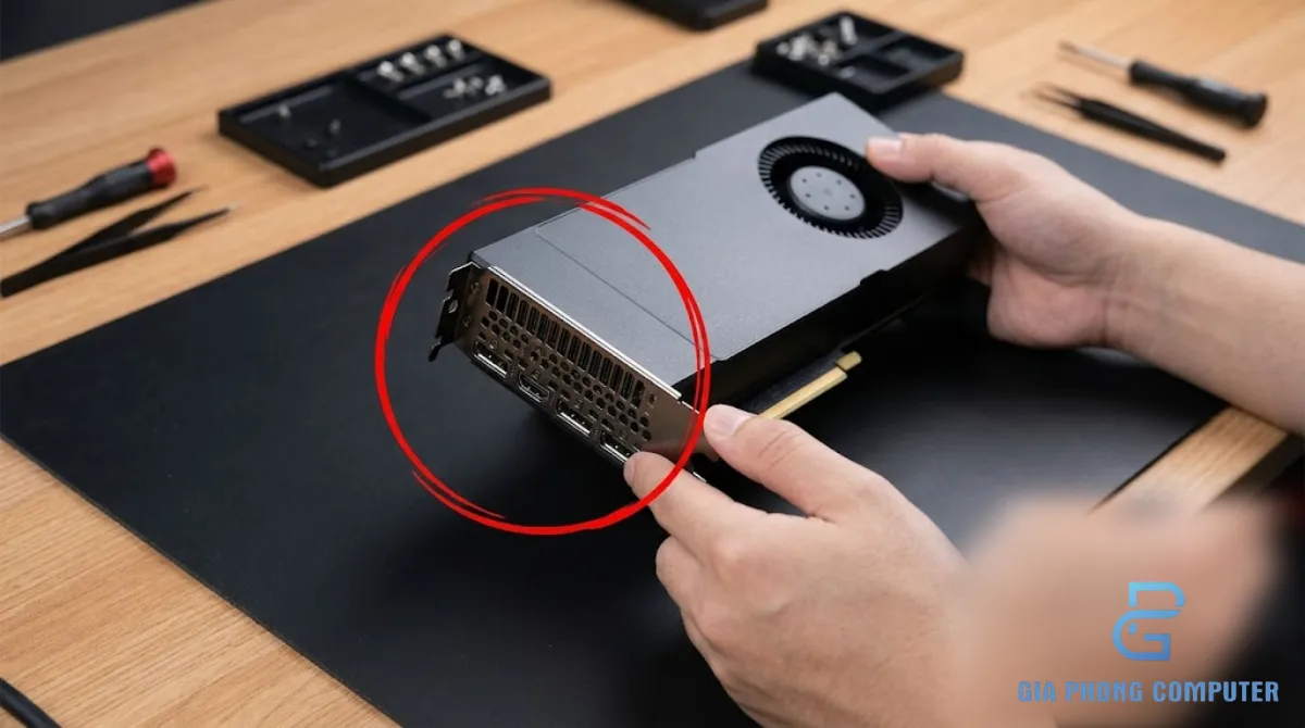 Card đồ họa rời được kỹ thuật viên kiểm tra trên bàn lắp ráp workstation