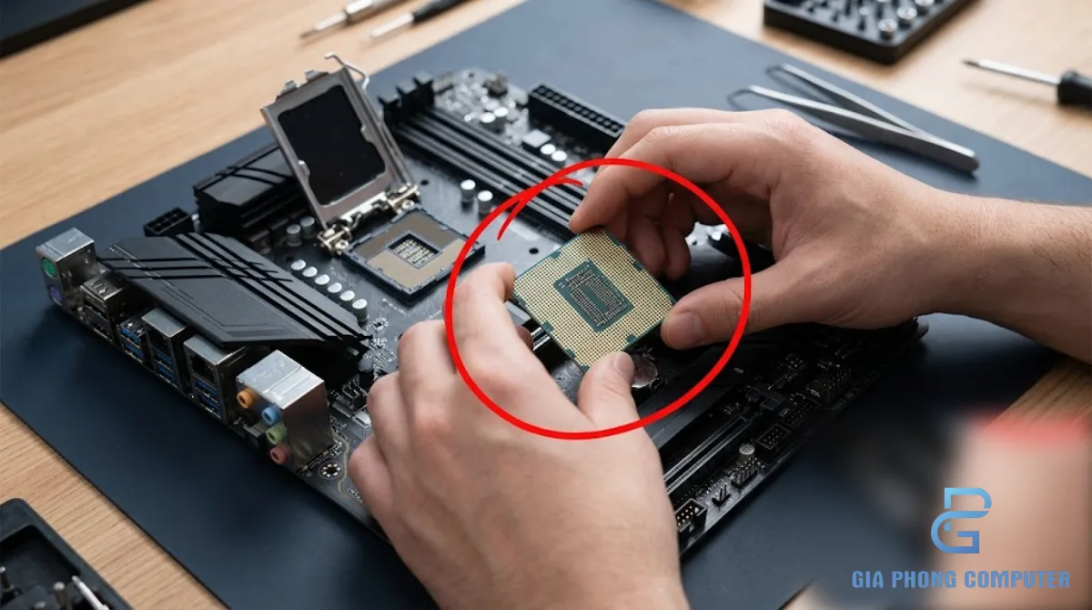 Bộ xử lý CPU desktop đặt cạnh bo mạch chủ trên bàn kỹ thuật máy tính