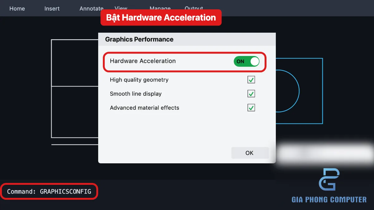 Giao diện thiết lập đồ họa AutoCAD với khu vực Hardware Acceleration được đánh dấu