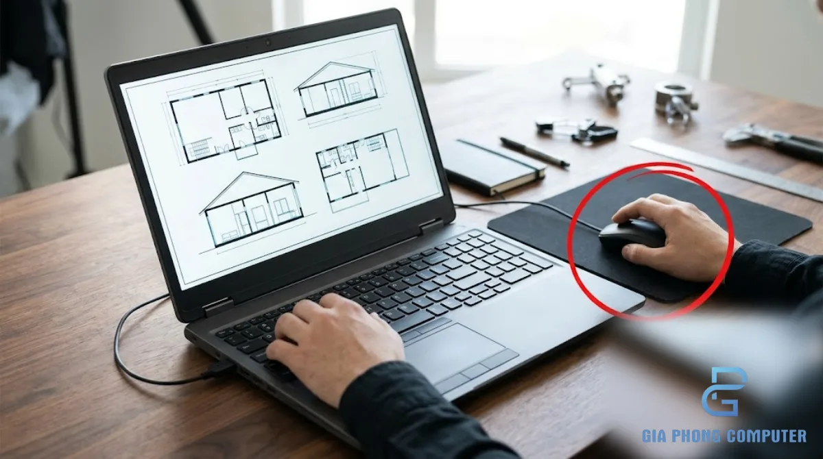 Laptop workstation mở trên bàn với màn hình hiển thị bản vẽ kỹ thuật CAD