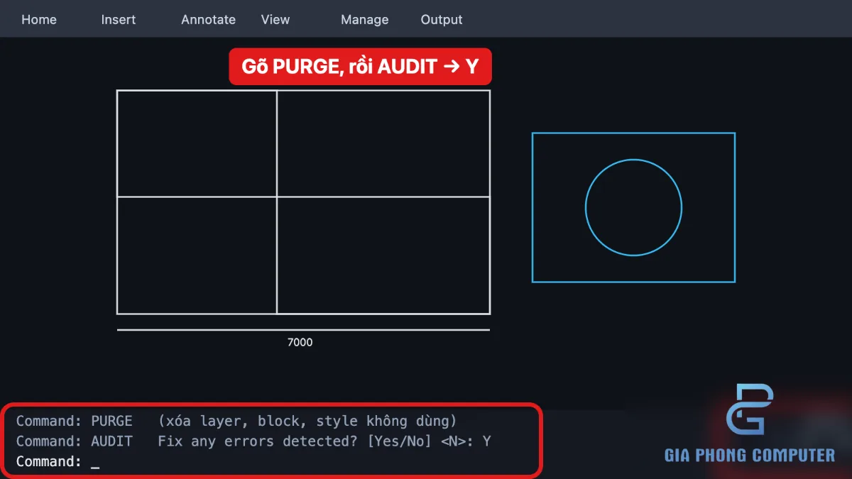 Giao diện CAD với cửa sổ dòng lệnh hiển thị lệnh PURGE và AUDIT để kiểm tra bản vẽ