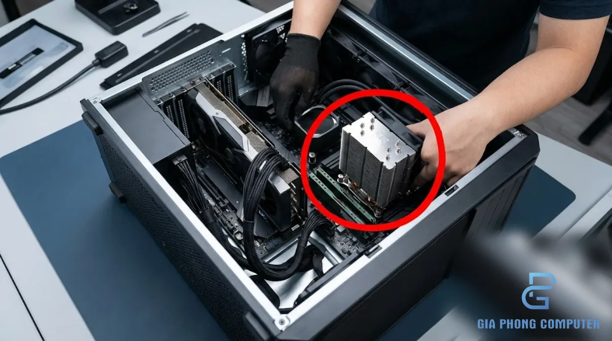 Bộ PC workstation mở nắp với card đồ họa rời và các linh kiện được lắp gọn