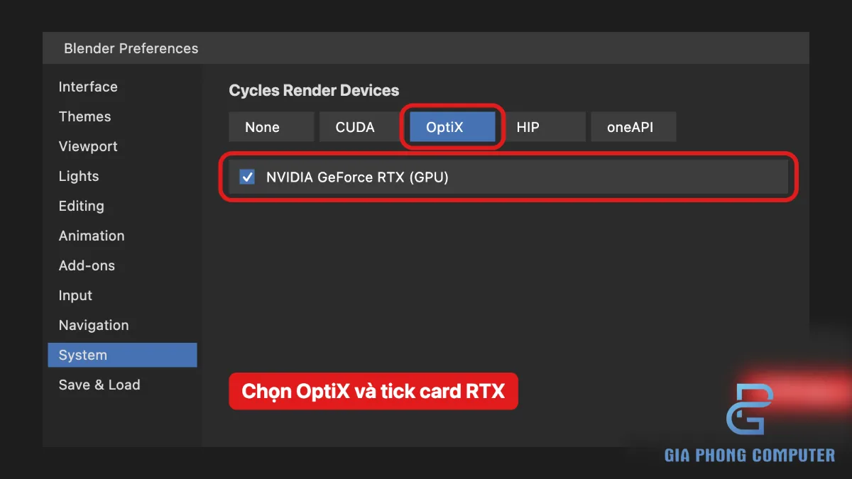 Giao diện Blender minh họa phần Preferences System và lựa chọn thiết bị render GPU