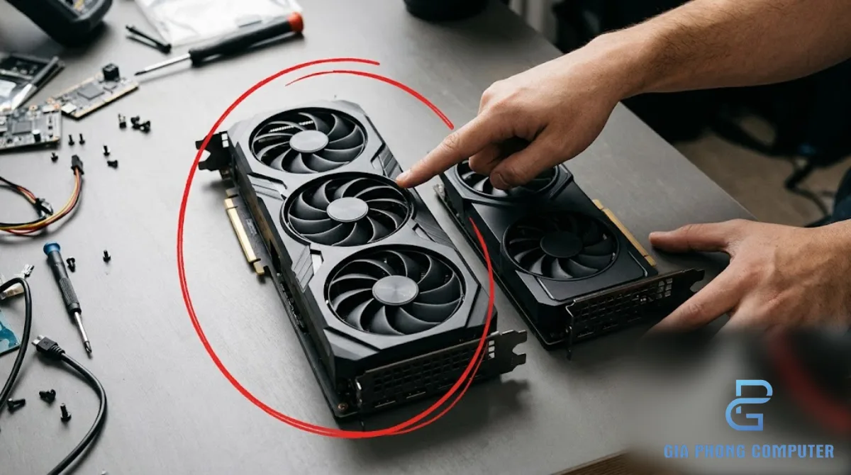 Card đồ họa rời đặt cạnh thùng máy workstation dùng cho render 3D