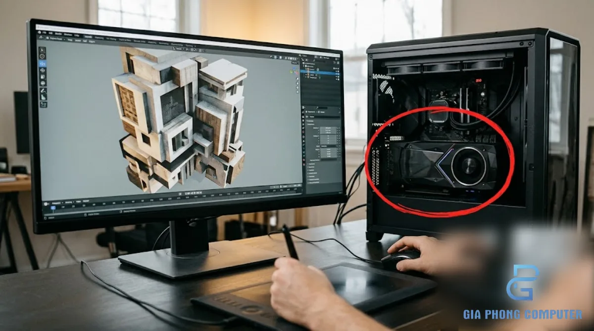 Bộ PC workstation phục vụ dựng hình 3D Blender với card đồ họa rời và màn hình mô hình ba chiều