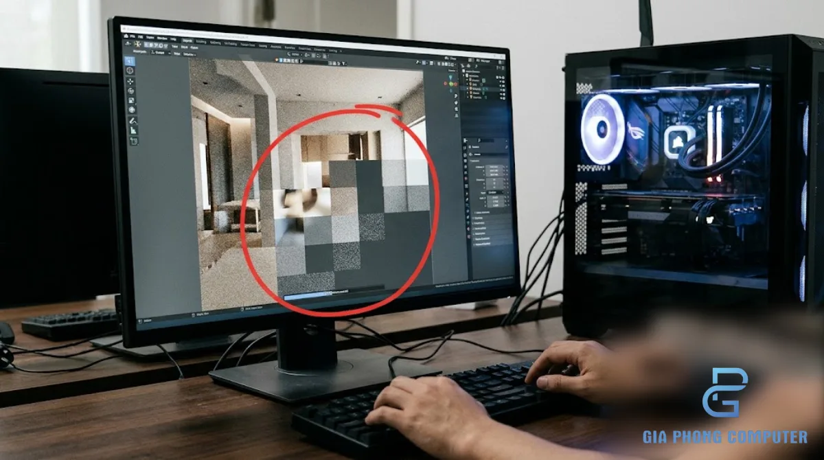PC đang render cảnh 3D trong Blender, tiến trình render từng vùng