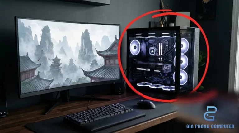 Cấu hình chơi Black Myth Wukong PC 2026 với máy tính gaming và màn hình hiển thị cảnh chiến đấu trong game