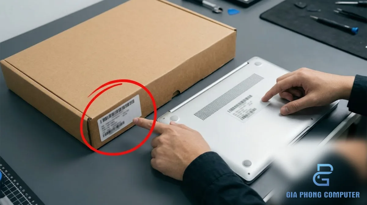 Kỹ thuật viên đối chiếu số serial trên tem laptop với thông tin hệ thống