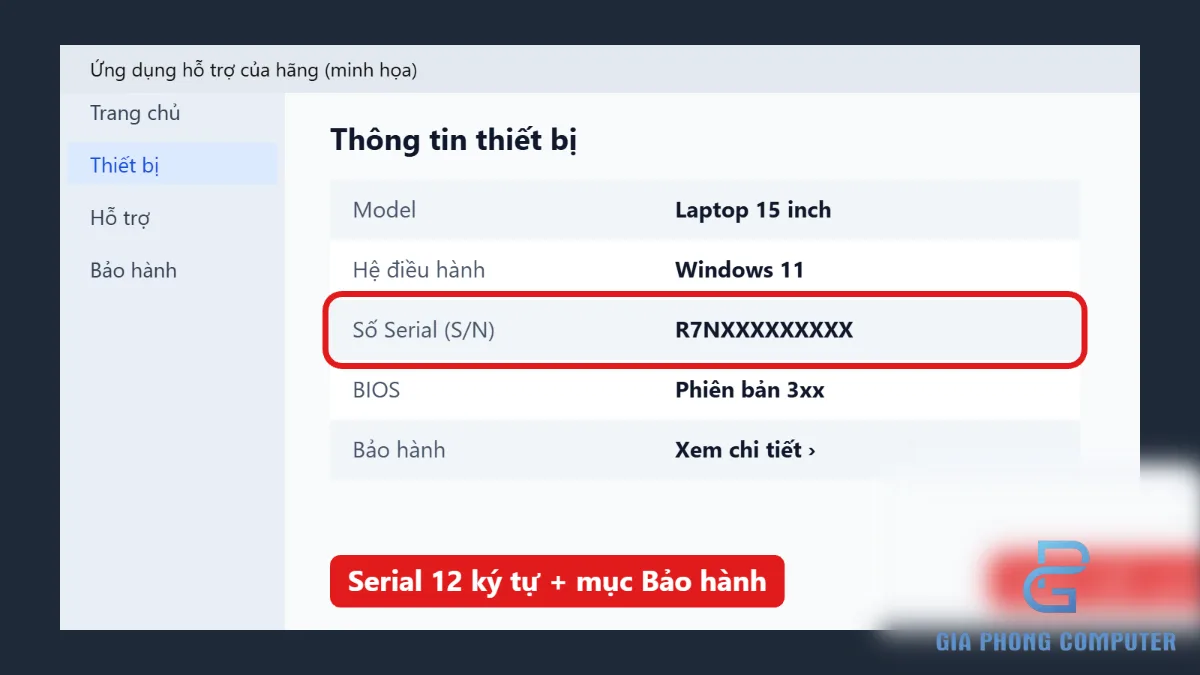 Giao diện ứng dụng hỗ trợ thiết bị với mục thông tin hệ thống và số serial được đánh dấu