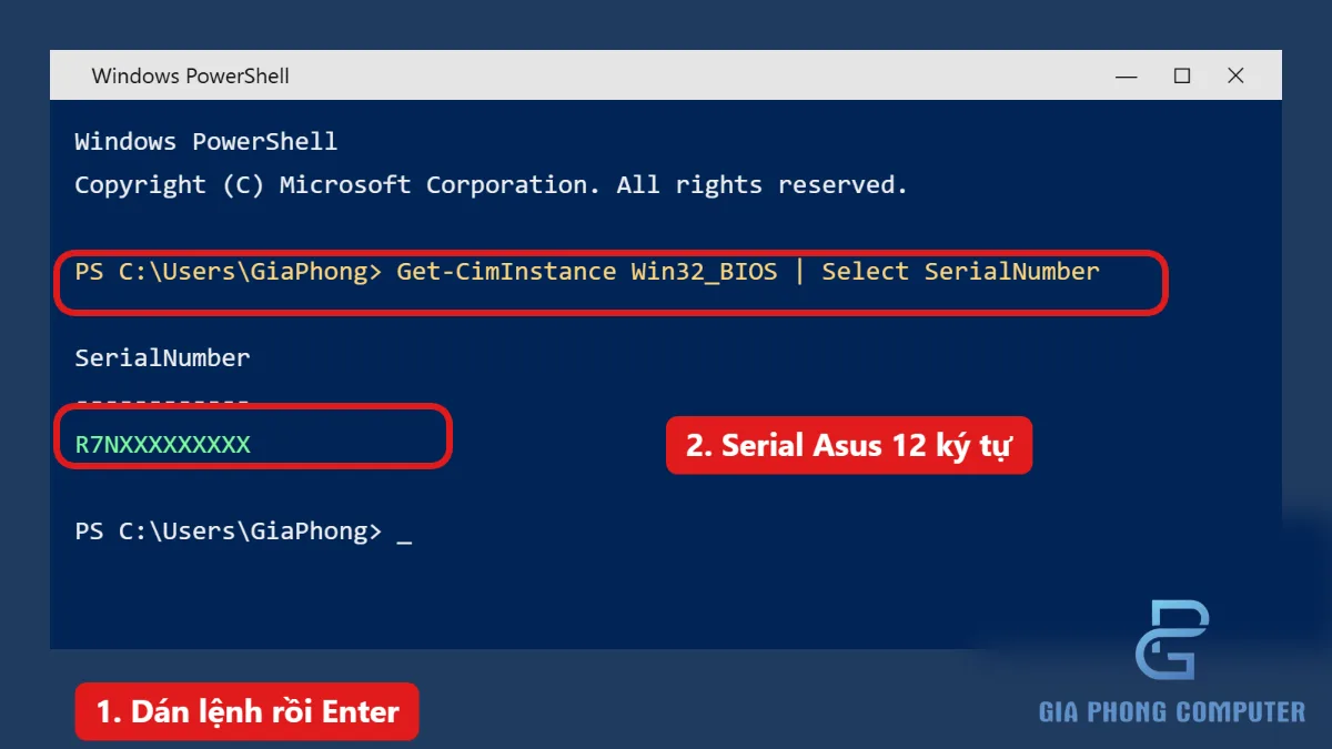 Cửa sổ PowerShell hiển thị lệnh đọc SerialNumber từ BIOS trên Windows