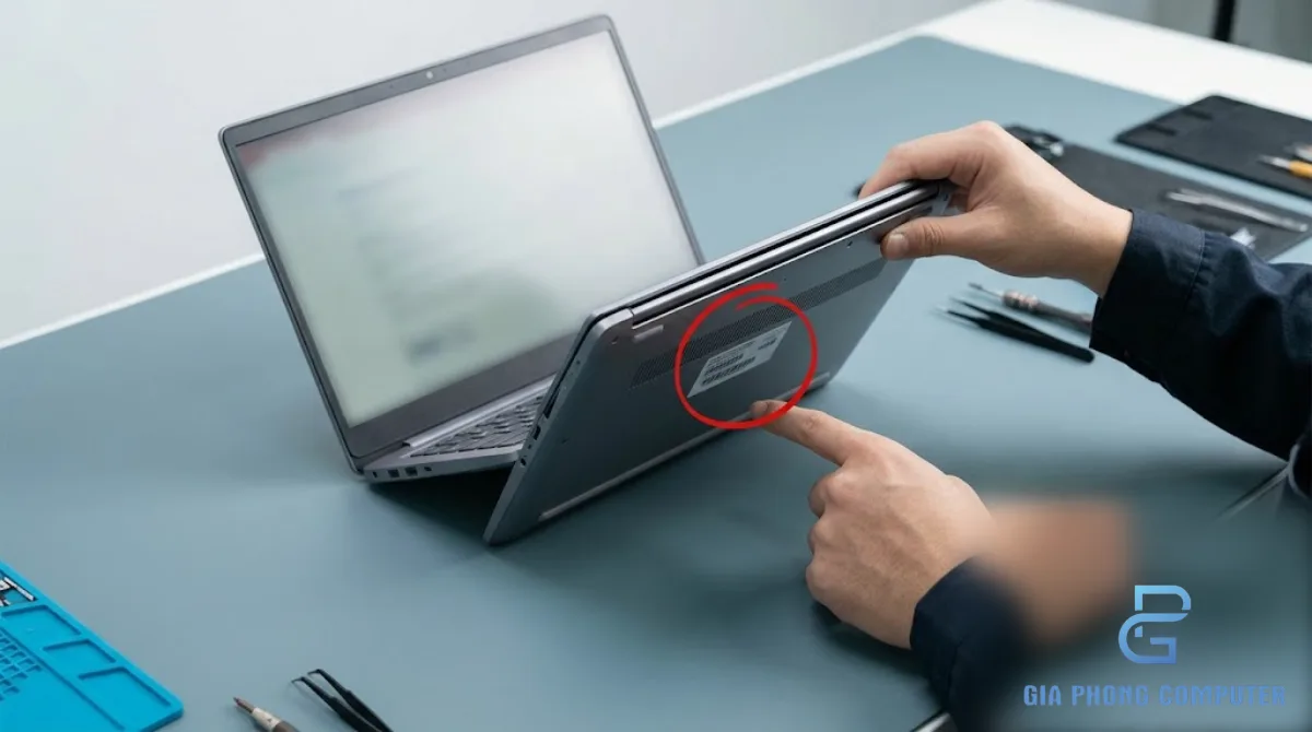 Kỹ thuật viên kiểm tra số serial trên laptop Asus để tra cứu thời hạn bảo hành