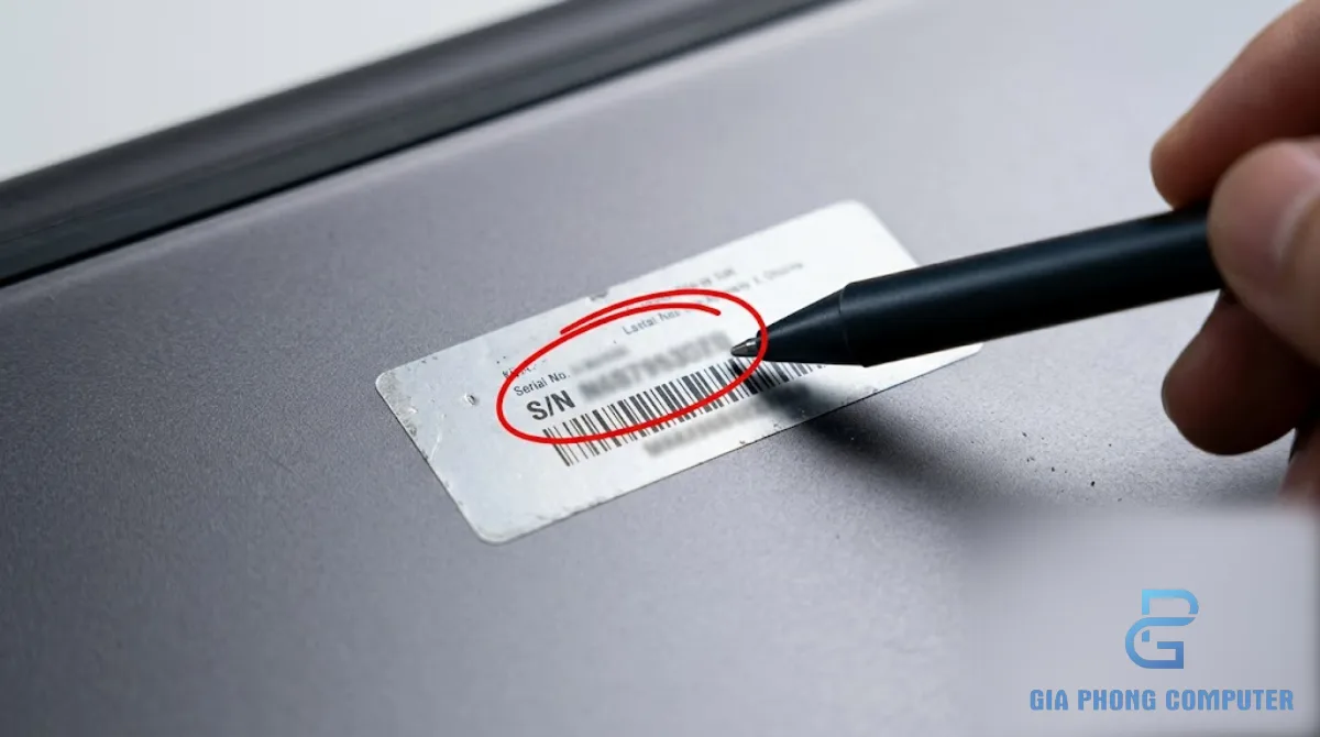 Đôi tay kiểm tra tem S/N ở mặt đáy laptop Asus