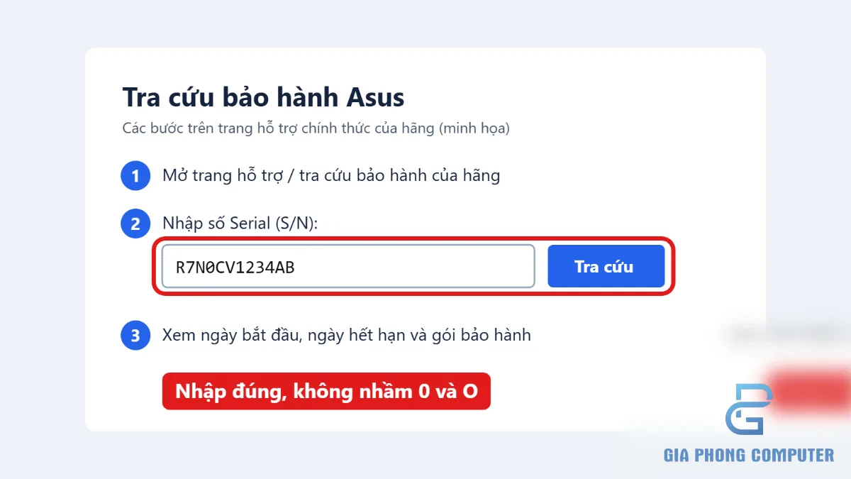 Giao diện tra cứu bảo hành laptop với trường nhập serial và mã xác thực được đánh dấu