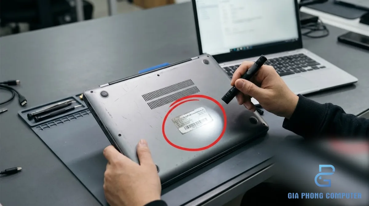 Đôi tay đối chiếu tem Service Tag và thông tin nhận diện laptop trước khi mua máy cũ