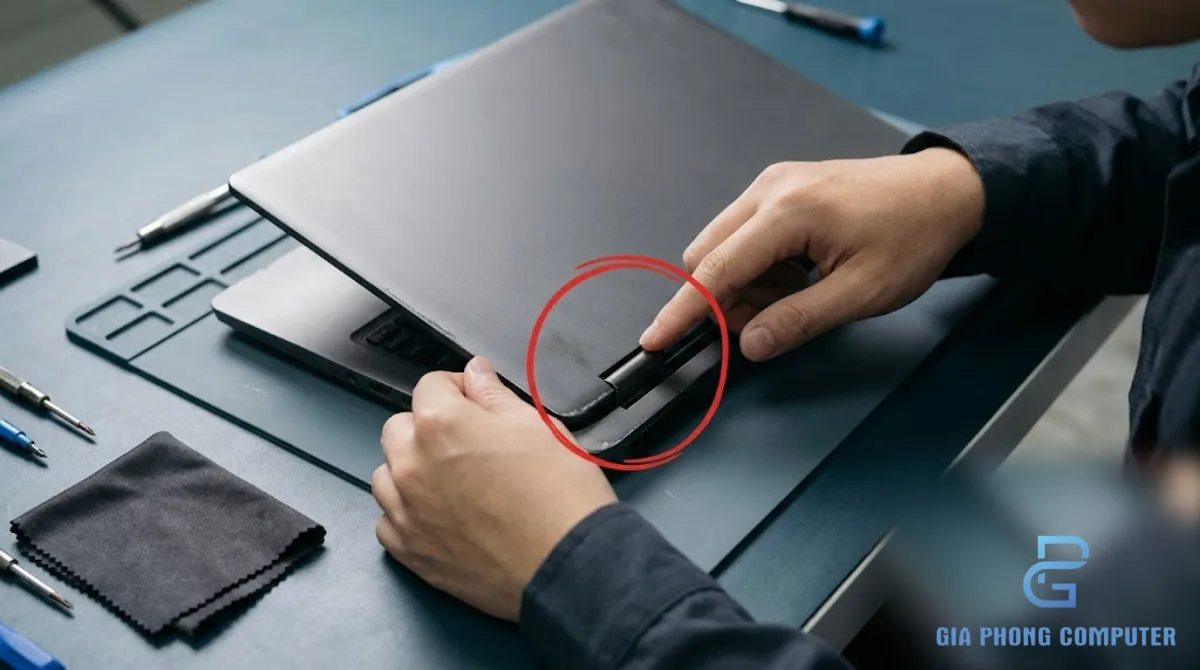Kỹ thuật viên kiểm tra tổng thể laptop Dell cũ trước khi bàn giao