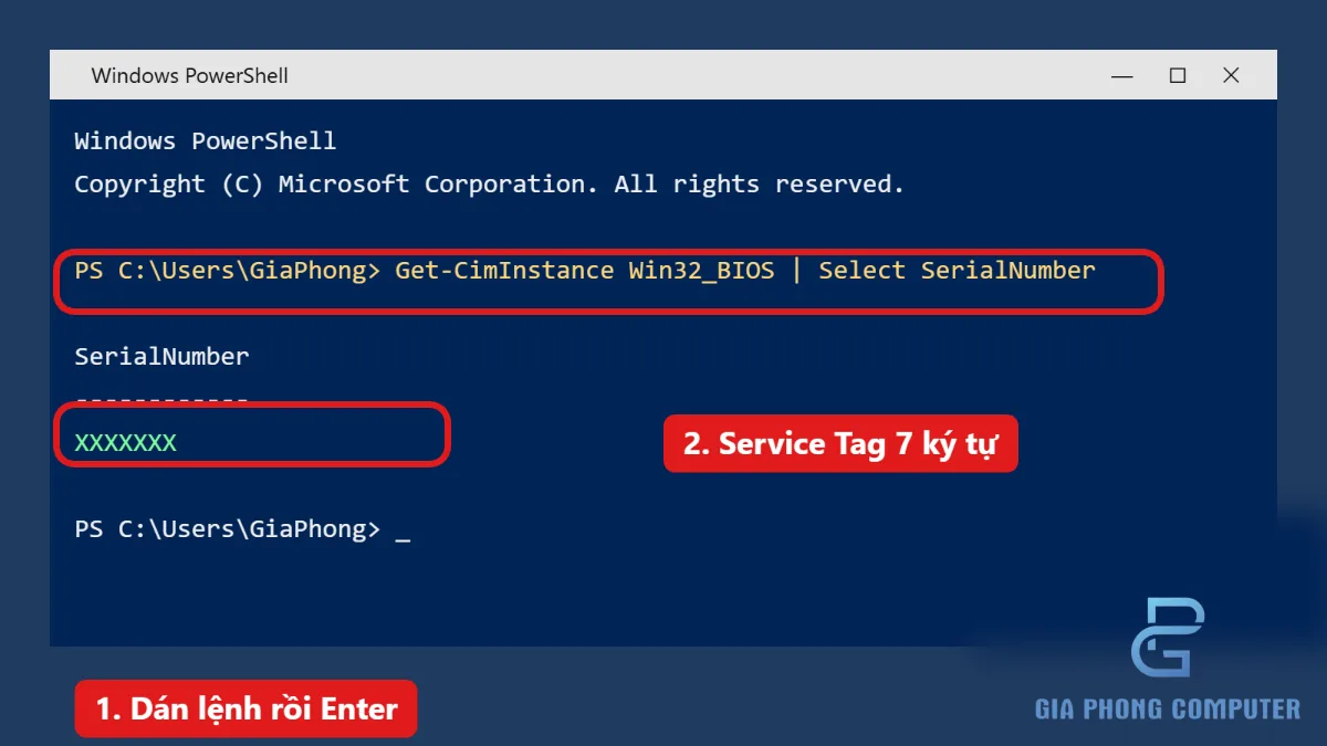 Cửa sổ PowerShell hiển thị lệnh lấy SerialNumber từ BIOS trên Windows