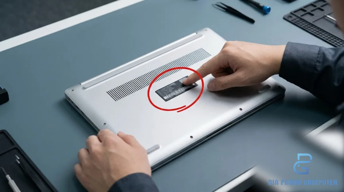 Kỹ thuật viên kiểm tra Service Tag trên laptop Dell để tra cứu thông tin bảo hành