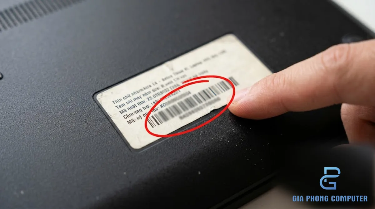 Đôi tay kiểm tra tem Service Tag ở mặt đáy laptop