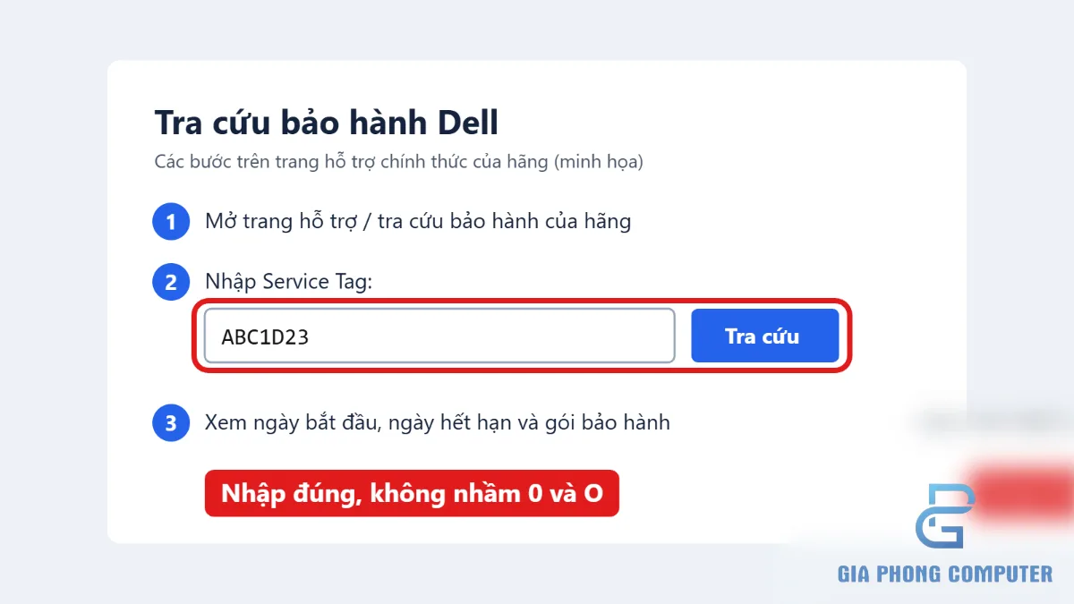 Trang tra cứu hỗ trợ laptop với ô nhập Service Tag được đánh dấu