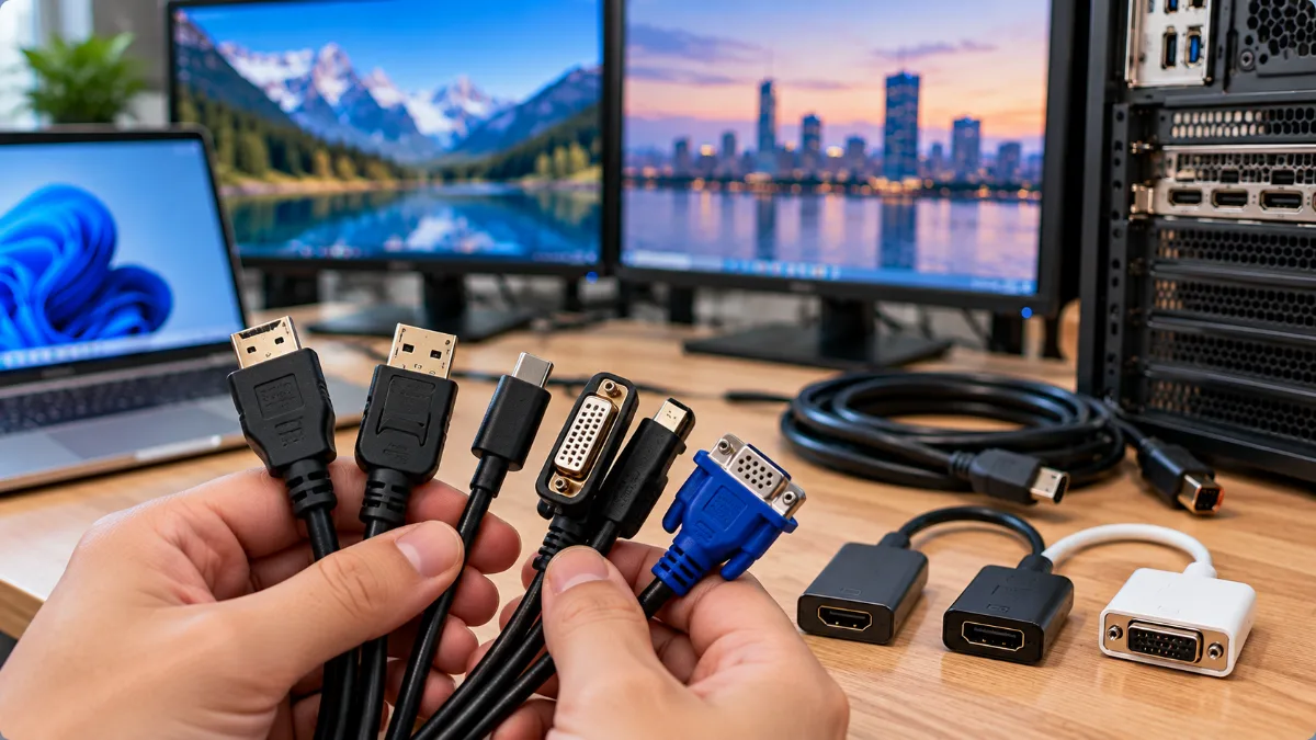 Các loại cáp HDMI, DisplayPort, USB-C, DVI và VGA dùng kết nối hai màn hình với PC hoặc laptop