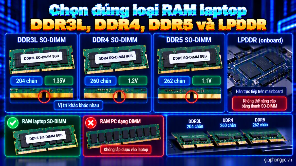 Chọn đúng loại RAM laptop DDR3L DDR4 DDR5 và LPDDR
