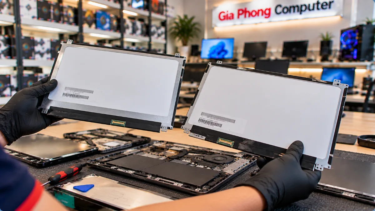 Kỹ thuật viên so sánh hai panel màn hình laptop để kiểm tra mã linh kiện, đầu nối và vị trí bắt vít tại Gia Phong Computer