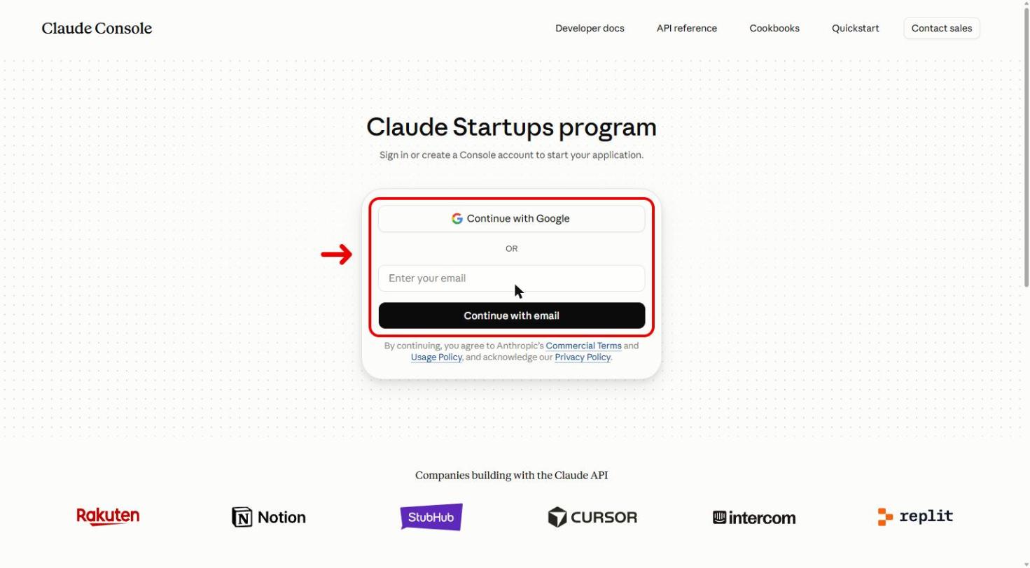 Đăng nhập Claude Console để nộp hồ sơ Claude Startups