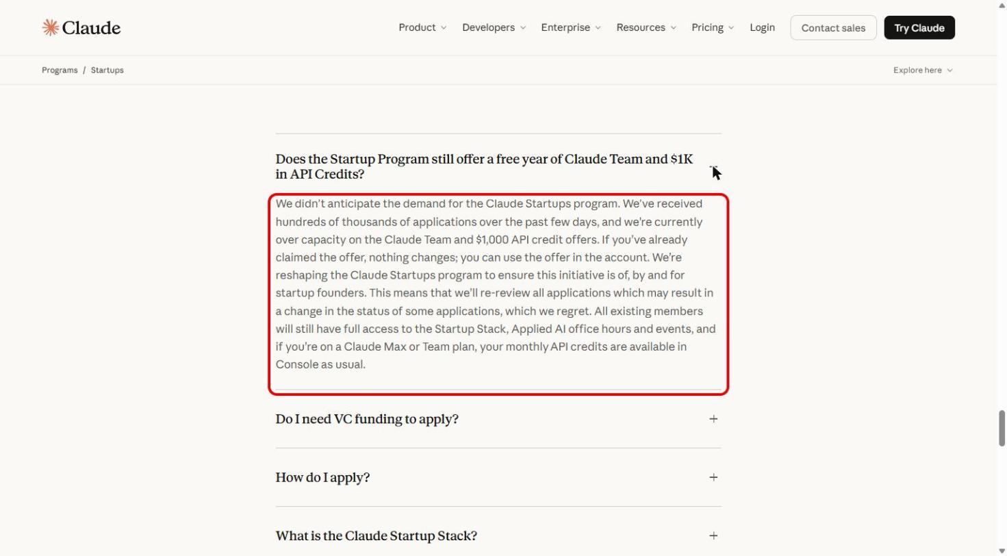 Thông báo Claude for Startups vượt công suất ưu đãi Claude Team