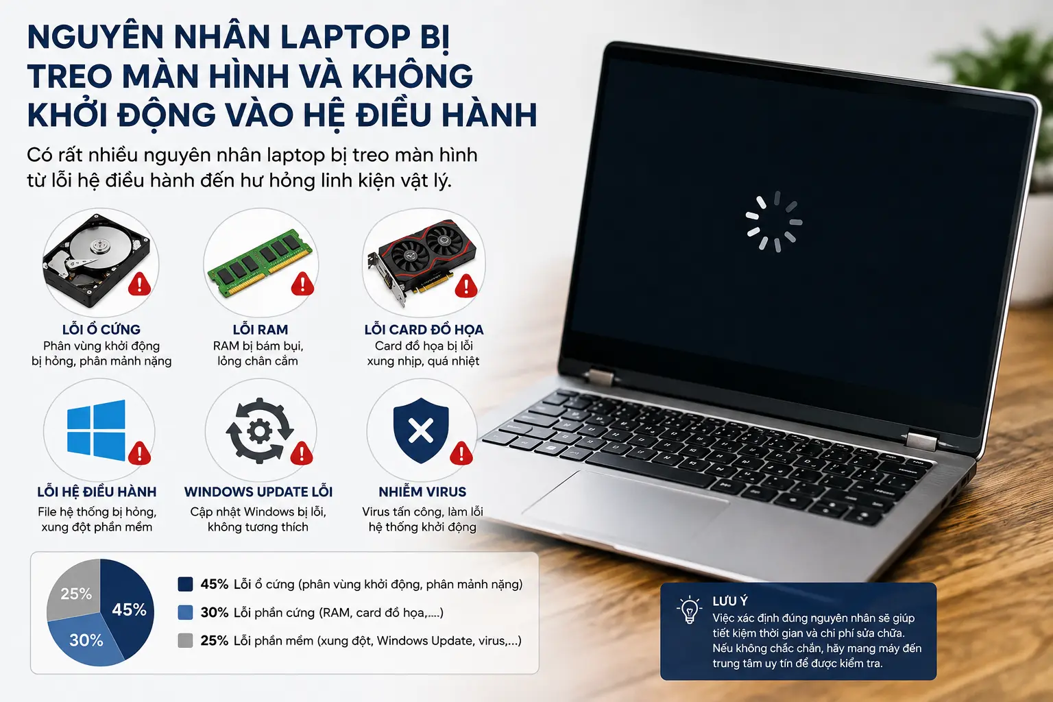 Có rất nhiều nguyên nhân laptop bị treo màn hình từ lỗi hệ điều hành đến hư hỏng linh kiện vật lý.