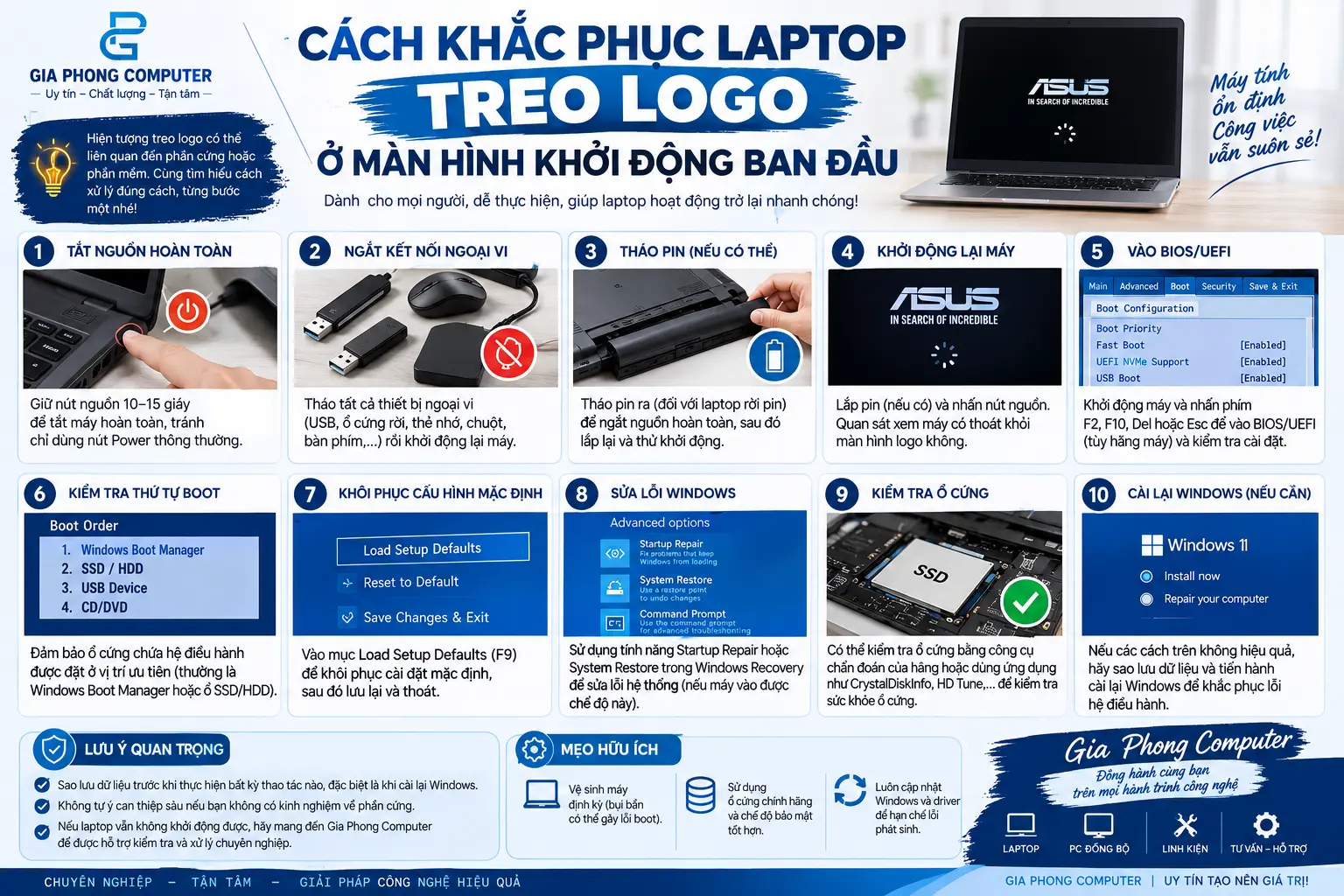 Thực hiện đúng cách khắc phục laptop treo logo giúp khôi phục trạng thái hoạt động của máy nhanh chóng.