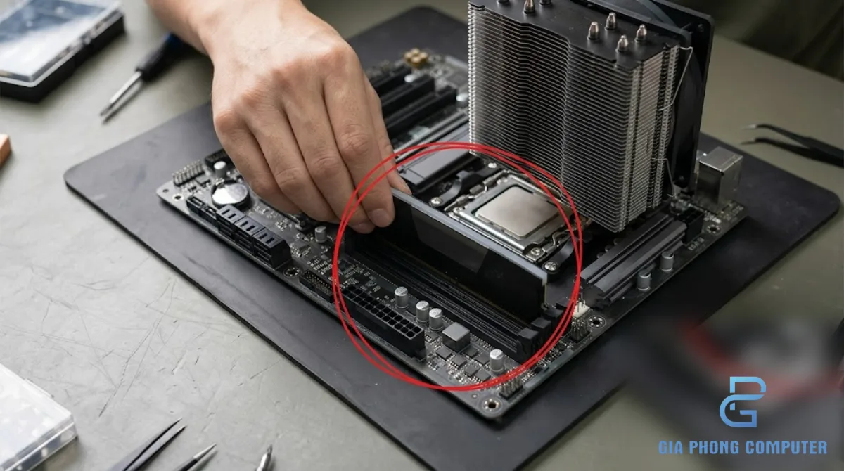 Kỹ thuật viên kiểm tra tản nhiệt CPU trên mainboard máy tính
