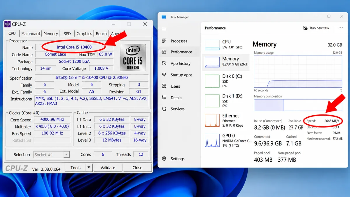 Giao diện CPU-Z hiển thị bộ xử lý Intel Core i5-10400 và Task Manager hiển thị RAM đang chạy ở 2666 MT/s, các thông số được khoanh đỏ và chỉ bằng mũi tên đỏ.