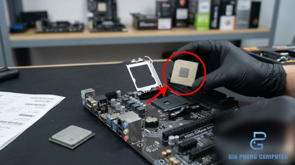 Kỹ thuật viên đối chiếu CPU AM4 với danh sách hỗ trợ của main A520 trước khi lắp