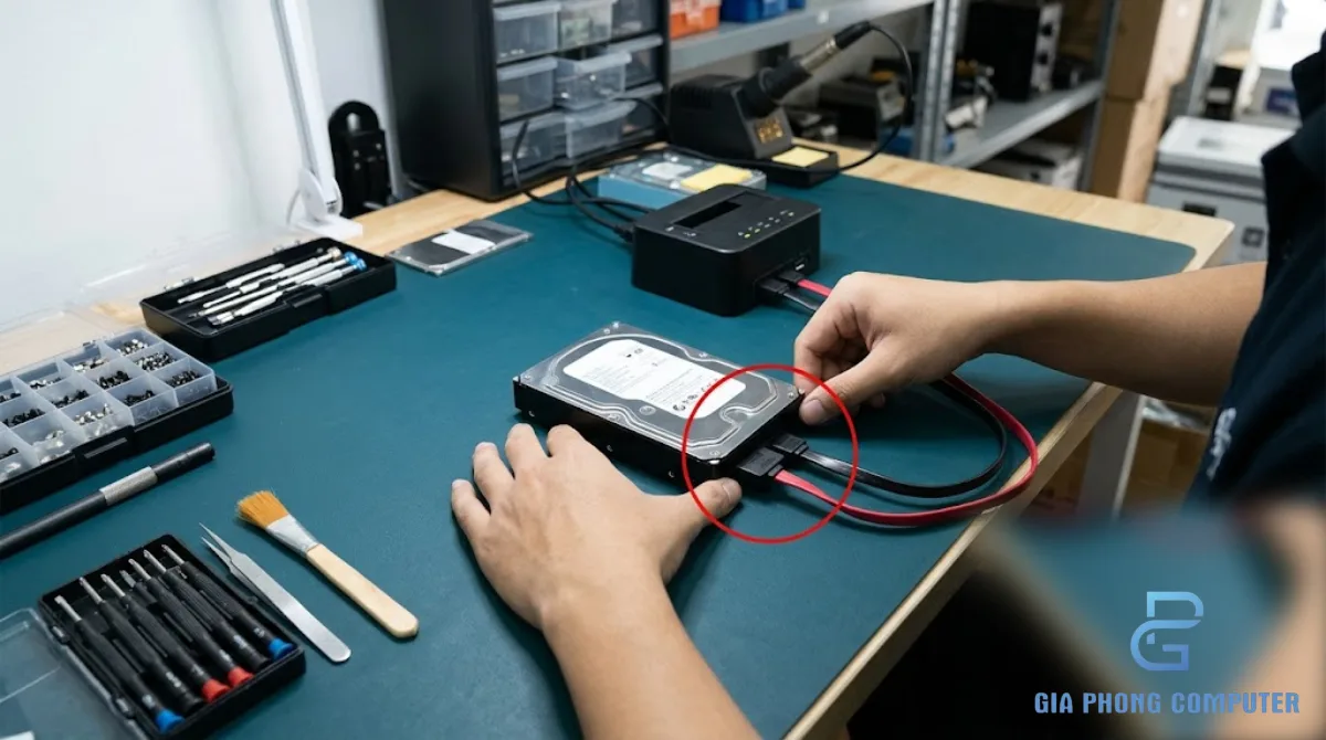 Kỹ thuật viên kiểm tra ổ HDD có dấu hiệu lỗi trong phòng kỹ thuật