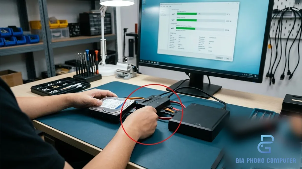 Kỹ thuật viên kết nối ổ lưu trữ để tạo bản sao phục vụ cứu dữ liệu