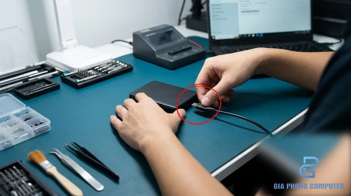 Kỹ thuật viên ngắt kết nối ổ lưu trữ trước khi kiểm tra dữ liệu