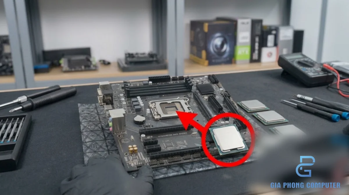 CPU Intel Core Ultra desktop và main B860 được đặt cạnh nhau để kiểm tra tương thích