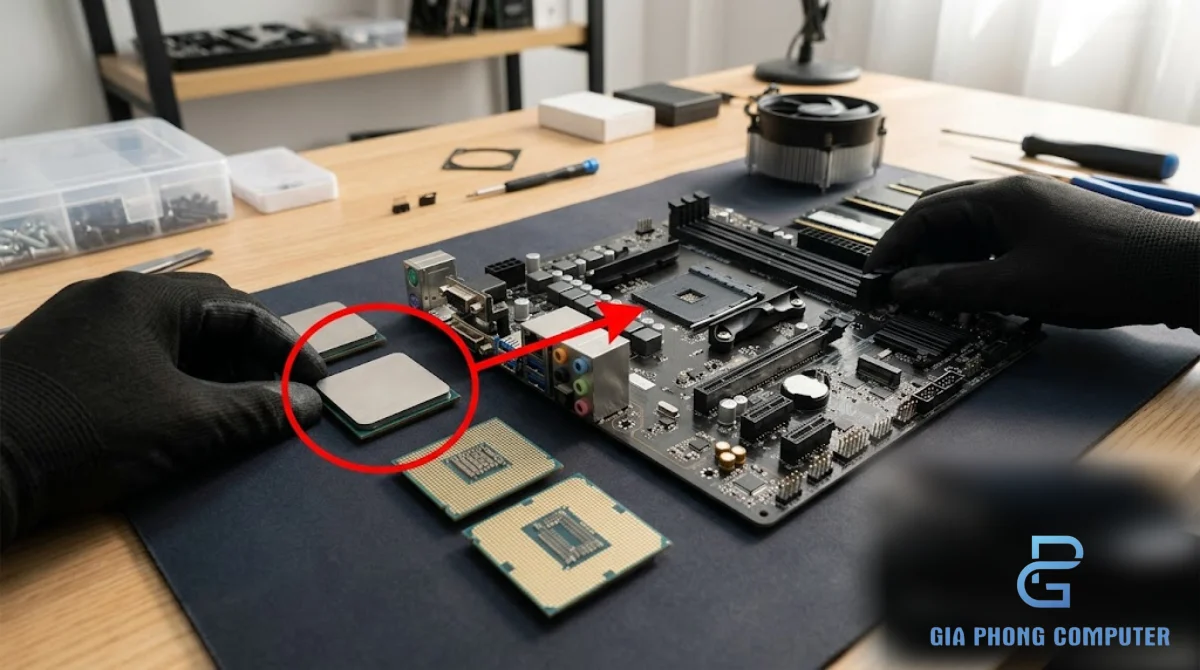CPU AMD Ryzen tương thích nền tảng A520 được đặt cạnh mainboard AM4 để kiểm tra nâng cấp