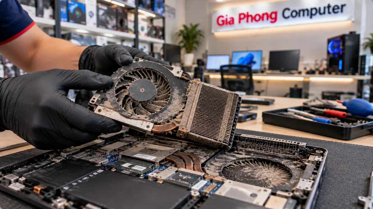 Quạt và cụm lá tản nhiệt laptop bám nhiều bụi được kỹ thuật viên kiểm tra tại Gia Phong Computer