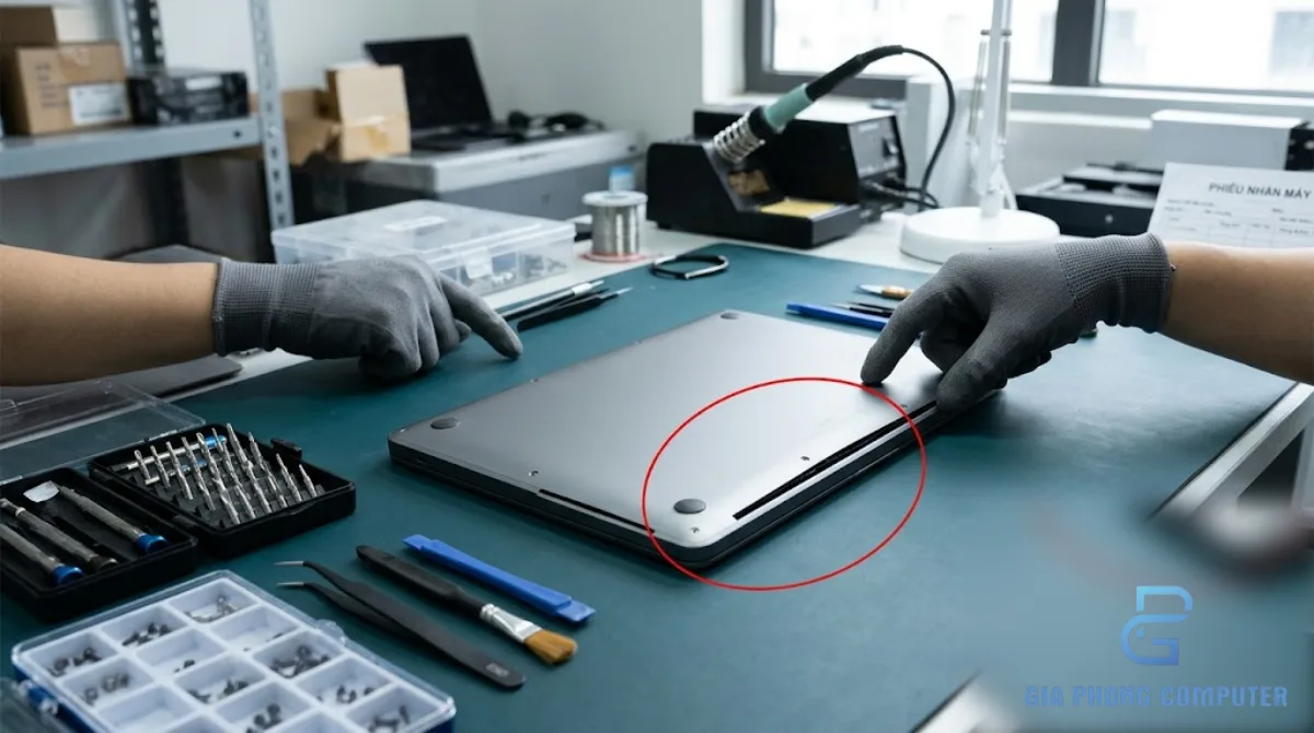 Đôi tay kỹ thuật viên kiểm tra khu vực pin và khung vỏ MacBook có dấu hiệu bất thường