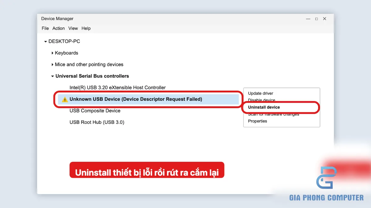 Gỡ Unknown USB Device trong Device Manager Windows 11