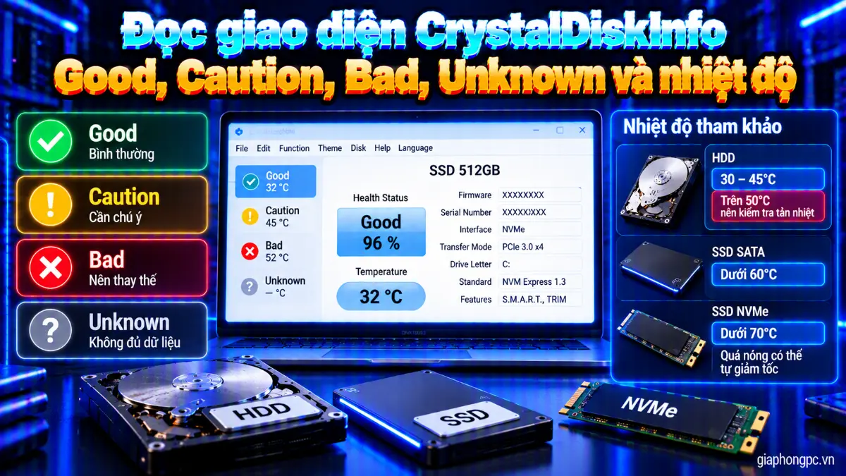 Đọc giao diện CrystalDiskInfo Good Caution Bad Unknown và nhiệt độ