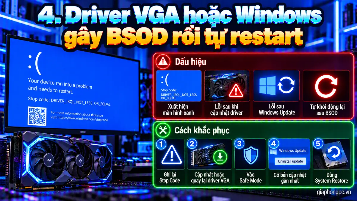 Driver VGA hoặc Windows gây BSOD rồi tự khởi động lại