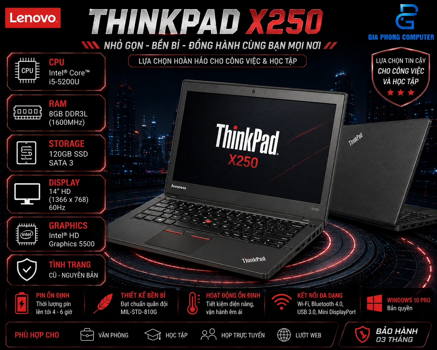 Laptop Lenovo ThinkPad X250 Cũ - i5-5200U / 8GB / 120GB / 14inch HD